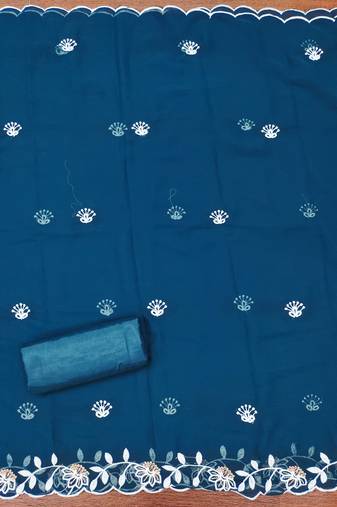 Women's teal blue unstitched heavy thread embroidery georgette dress material (cp9099tbl)