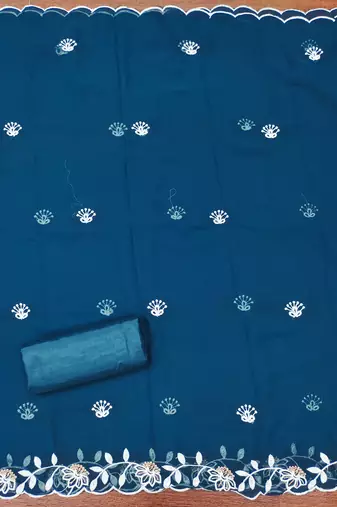 Women's teal blue heavy thread embroidery georgette dress material