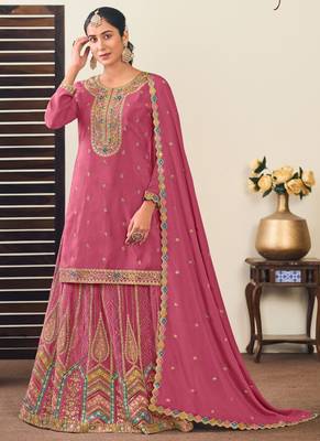 Peach chinon silk embroidered straight style suit 1