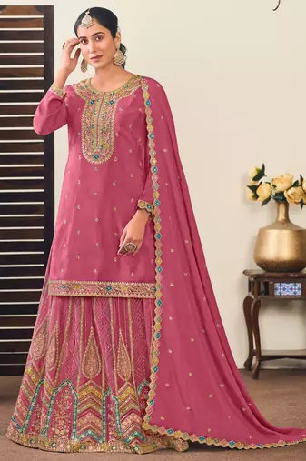 Peach chinon silk embroidered straight style suit