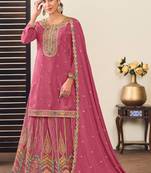Peach chinon silk embroidered straight style suit