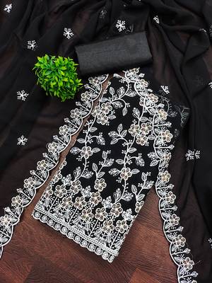 Women's black heavy thread embroidery georgette dress material 1