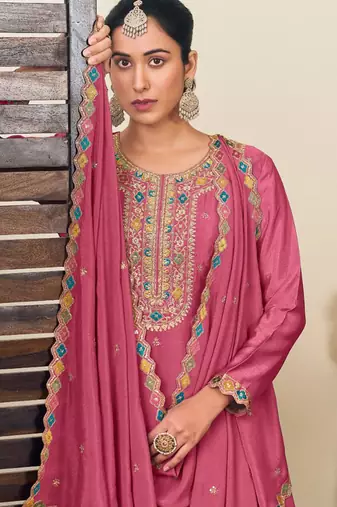 Peach chinon silk embroidered straight style suit