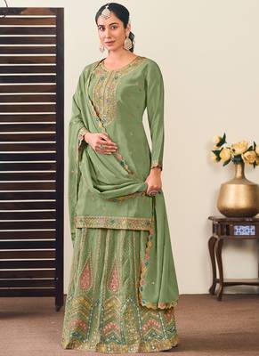 Pista green chinon silk embroidered straight style suit 1
