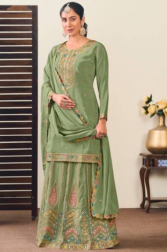 Pista green chinon silk embroidered straight style suit