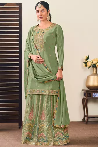 Pista green chinon silk embroidered straight style suit
