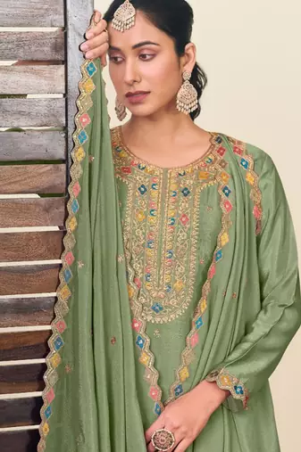 Pista green chinon silk embroidered straight style suit