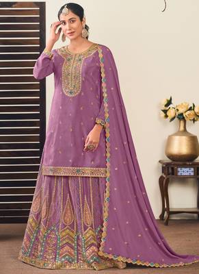 Lavender chinon silk embroidered skirt style suit 1