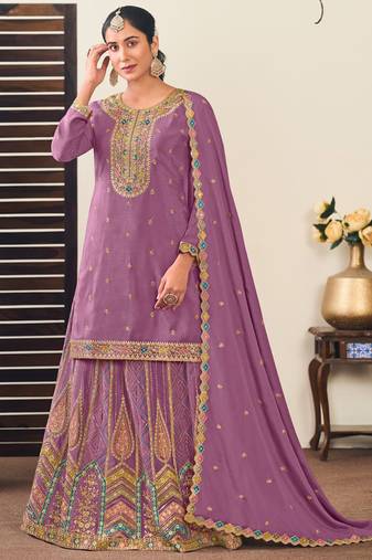 Lavender chinon silk embroidered skirt style suit