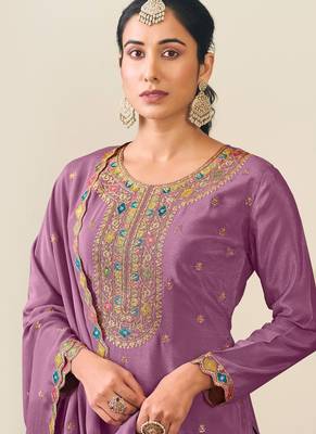 Lavender chinon silk embroidered skirt style suit 2