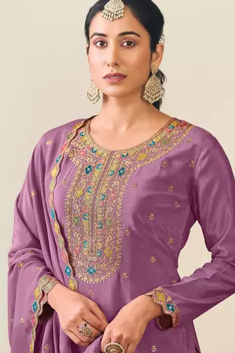 Lavender chinon silk embroidered skirt style suit