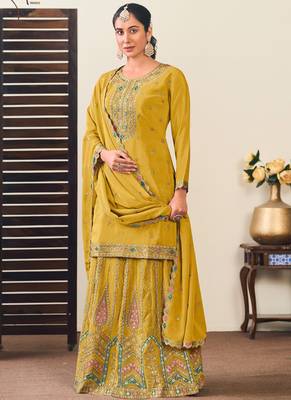 Yellow chinon silk embroidered lehenga style suit 1