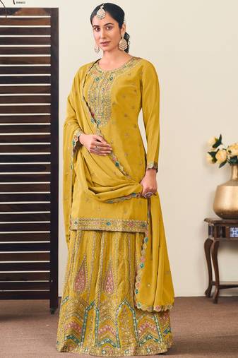 Yellow chinon silk embroidered lehenga style suit