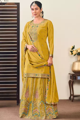 Yellow chinon silk embroidered lehenga style suit