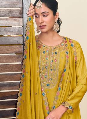 Yellow chinon silk embroidered lehenga style suit 2