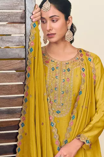 Yellow chinon silk embroidered lehenga style suit