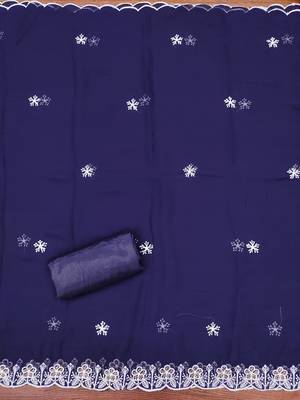 Women's royal blue heavy thread embroidery georgette dress material 1