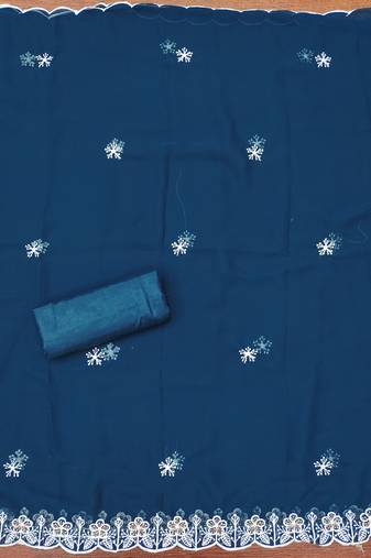 Women's teal blue unstitched heavy thread embroidery georgette dress material (cp9100tbl)