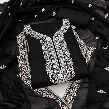 Women's black multi thread embroidery chanderi cotton dress material 1
