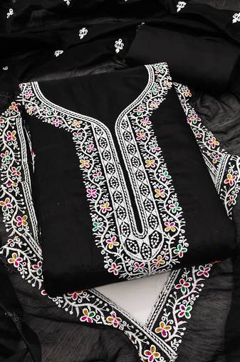 Women's black unstitched multi thread embroidery chanderi cotton dress material (in2006blk)