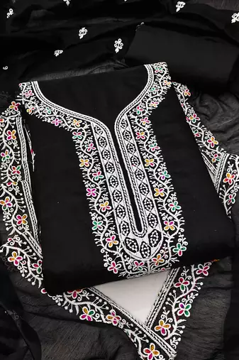 Women's black unstitched multi thread embroidery chanderi cotton dress material (in2006blk)