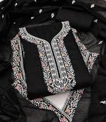 Women's black multi thread embroidery chanderi cotton dress material