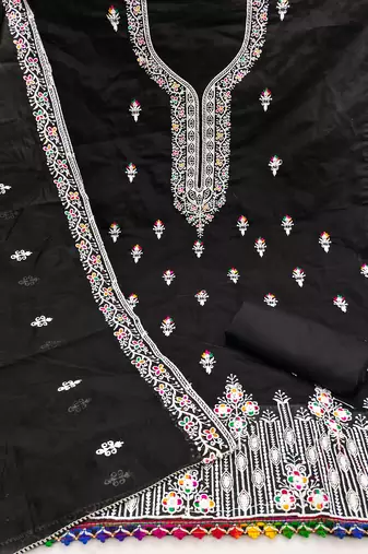 Women's black multi thread embroidery chanderi cotton dress material