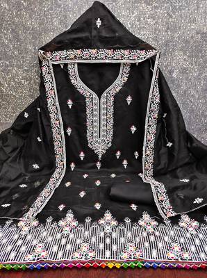 Women's black multi thread embroidery chanderi cotton dress material 4