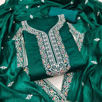 Women's green multi thread embroidery chanderi cotton dress material 1
