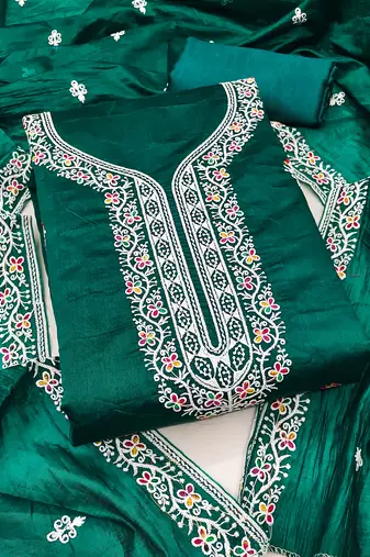 Women's green unstitched multi thread embroidery chanderi cotton dress material (in2006grn)