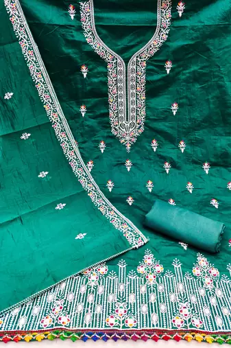 Women's green multi thread embroidery chanderi cotton dress material