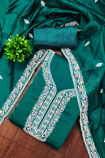 Women's green multi thread embroidery chanderi cotton dress material