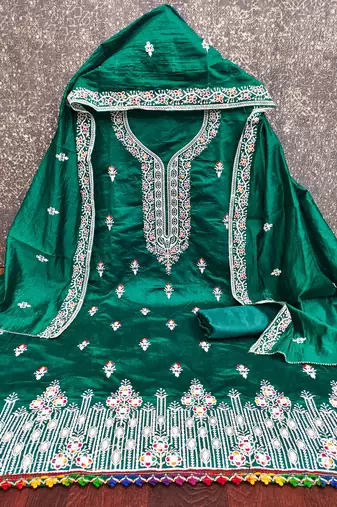 Women's green multi thread embroidery chanderi cotton dress material