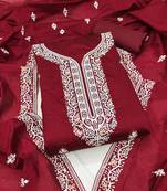 Women's maroon multi thread embroidery chanderi cotton dress material