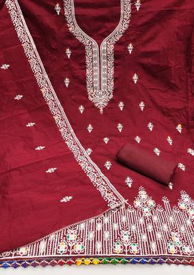 Women's maroon multi thread embroidery chanderi cotton dress material 2