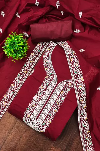 Women's maroon multi thread embroidery chanderi cotton dress material