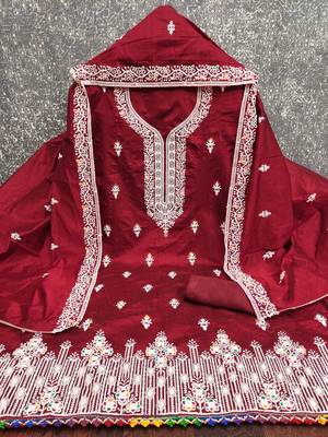 Women's maroon multi thread embroidery chanderi cotton dress material 4