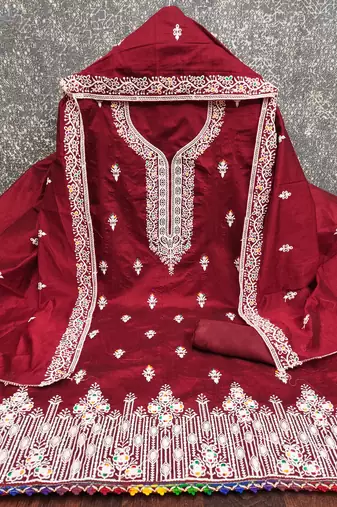 Women's maroon multi thread embroidery chanderi cotton dress material