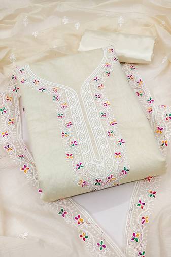 Women's white unstitched multi thread embroidery chanderi cotton dress material (in2006wht)
