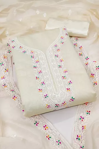 Women's white unstitched multi thread embroidery chanderi cotton dress material (in2006wht)