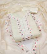 Women's white multi thread embroidery chanderi cotton dress material