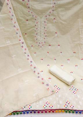 Women's white multi thread embroidery chanderi cotton dress material 2