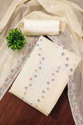Women's white multi thread embroidery chanderi cotton dress material