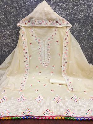 Women's white multi thread embroidery chanderi cotton dress material 4