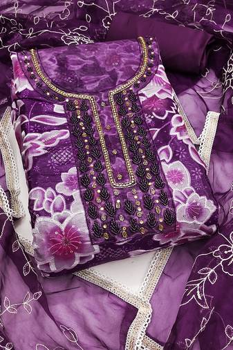 Women's multi unstitched sequence digital position print embroidery handwork organza dress material (msmfc11574c)