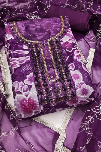 Women's multi unstitched sequence digital position print embroidery handwork organza dress material (msmfc11574c)