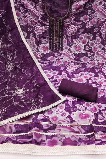 Women's multi sequence digital position print embroidery handwork organza dress material
