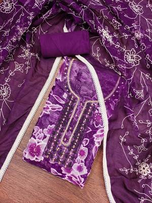 Women's multi sequence digital position print embroidery handwork organza dress material 3