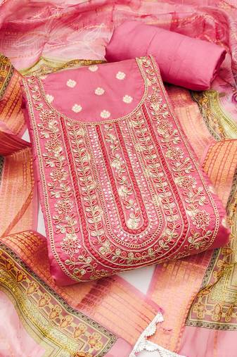 Women's pink unstitched weaving & handwork banarasi dress material (msmfc11575a)