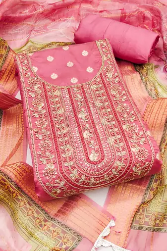 Women's pink unstitched weaving & handwork banarasi dress material (msmfc11575a)